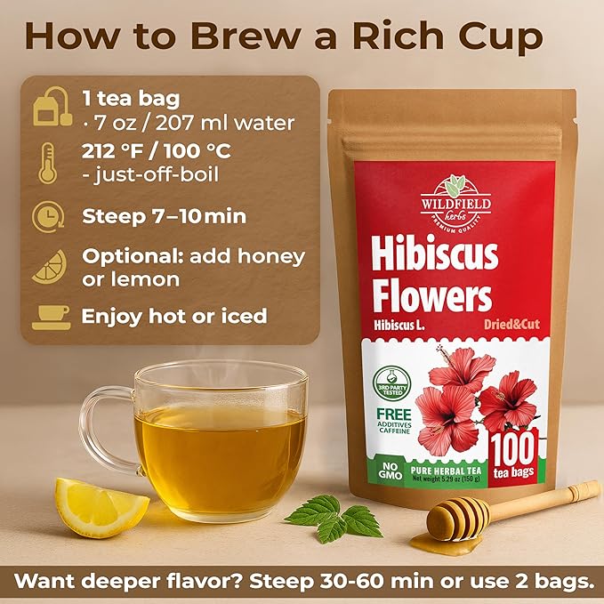 100 Bags Dried Hibiscus Flower Tea Herbal Flor De Jamaica (Hibiscus) - 100 Count 1.5g Tea Bags Dry Dried Flowers Herb Hibisko