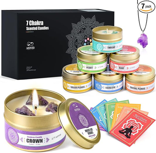 AOOVOO Chakra Candles with Healing Crystals - 7 Chakra Candle Set, Spiritual Gifts for Women, Aromatherapy Candle, Soy Candles for Women