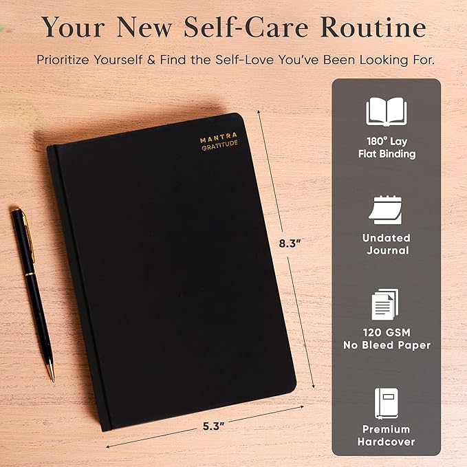 Gratitude Journal For Women & Men - Mental Health, Self Love & Self Care Journal - Black - 5.8" x 8.3" - Mantra Planner