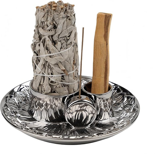 4 in 1 Incense Holder, Ceramic Incense Stick and Palo Santo Holder,Sage Holder for Burning- 5.5" Ceramic Ash Catcher Tray for Meditation and Yoga Room (Silver)