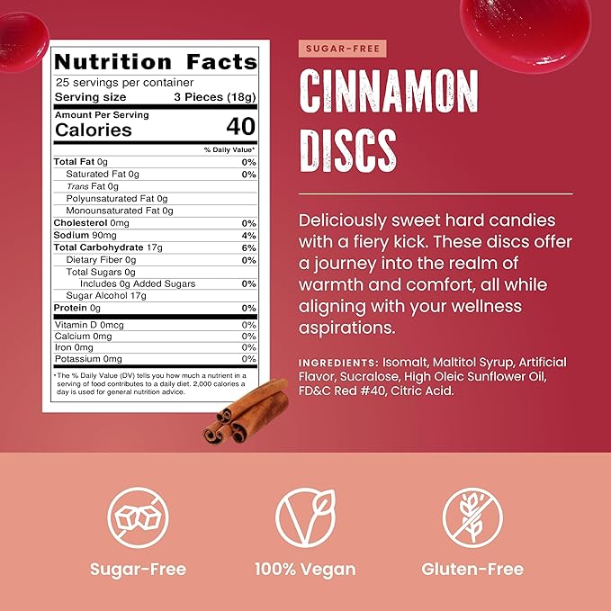 Cambie Sugar Free Cinnamon Hard Candy, 1 lb of Sugar Free Hard Candy, Individually Wrapped Cinnamon Discs, Fiery & Sweet Flavor packaged in a Resealable Pouch