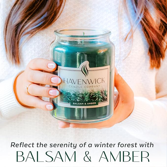 Havenwick Balsam & Amber Soy Blend 22-oz Large Jar Candle, Long Lasting 110-130 Hour Burn Time with Single Cotton Wick, Perfect Holiday Pine Scented Candles for New Home Gift & Christmas Gift