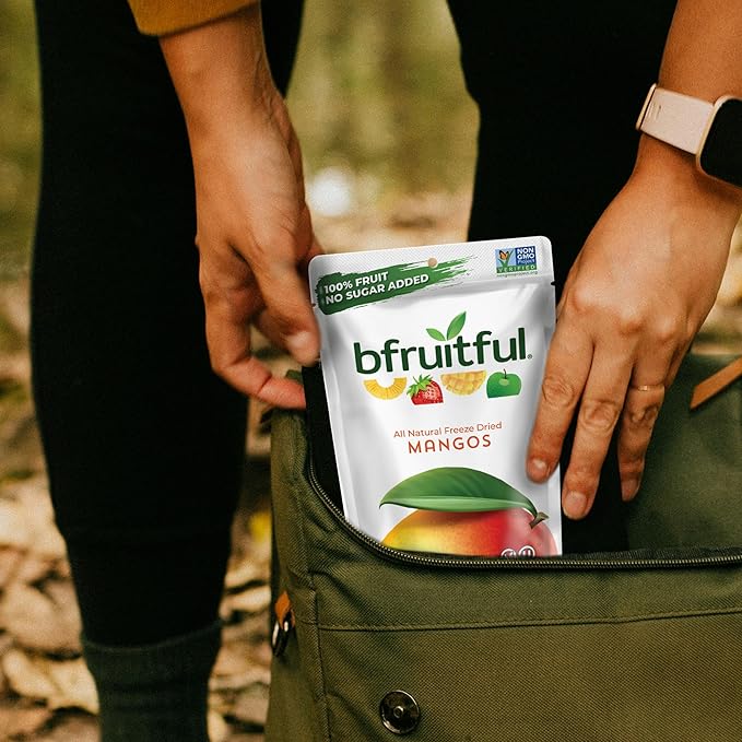 bfruitful Freeze-Dried Mango, Freeze Dried Fresh Fruit Bites, Gluten Free, Vegan, Dairy Free, Kosher, No Sugar Added, Non GMO, Healthy Snacks for Kids or Adults, 0.56 oz Single-Serve Snack Packets, 24 Pack