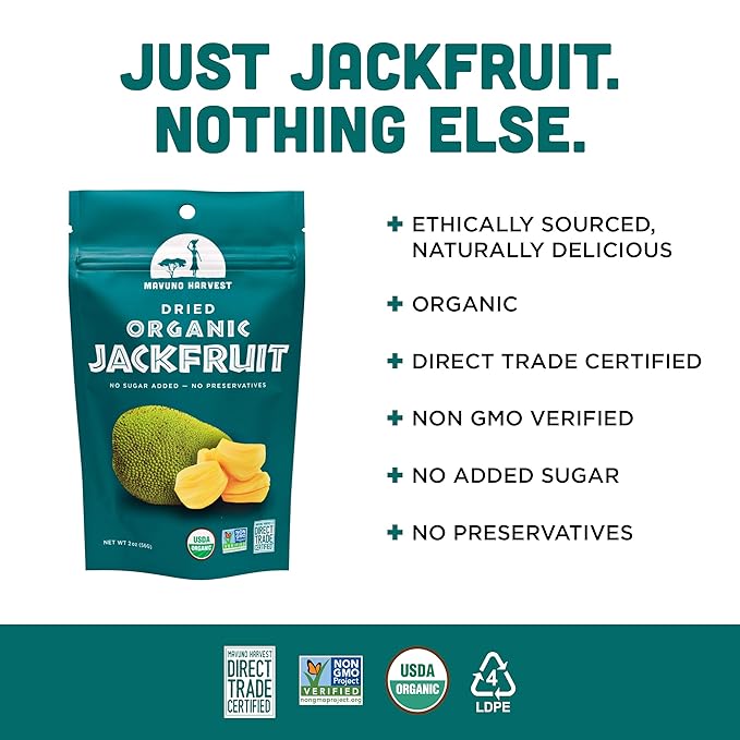 Mavuno Harvest Jackfruit Dried Fruit Snacks | Unsweetened Organic Dried Jackfruit Chips | Gluten Free Healthy Snacks for Kids and Adults | Vegan, Non GMO, Direct Trade | 2 Ounce, Pack of 6