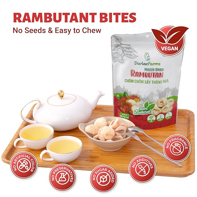 DARLAC FARMS Freeze Dried Rambutan Bites, Pack 1, No Sugar Added, Healthy Fruit Snacks for Kids, Adults & All Ages, Premium Organic Crispy Crunchy Snacks, Tea, Baking, Smoothie, Yogurt, 2 Oz