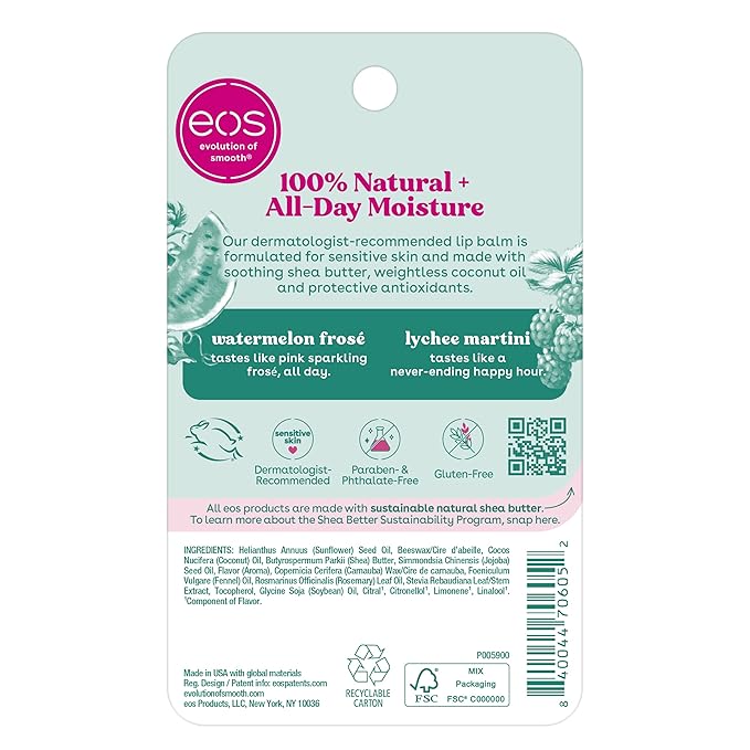 eos 100% Natural Lip Balm Sticks - Watermelon Frosé and Lychee Martini, All-Day Moisture, Dermatologist Recommended, All Natural Lip Balm, 0.14 oz, 2-Pack