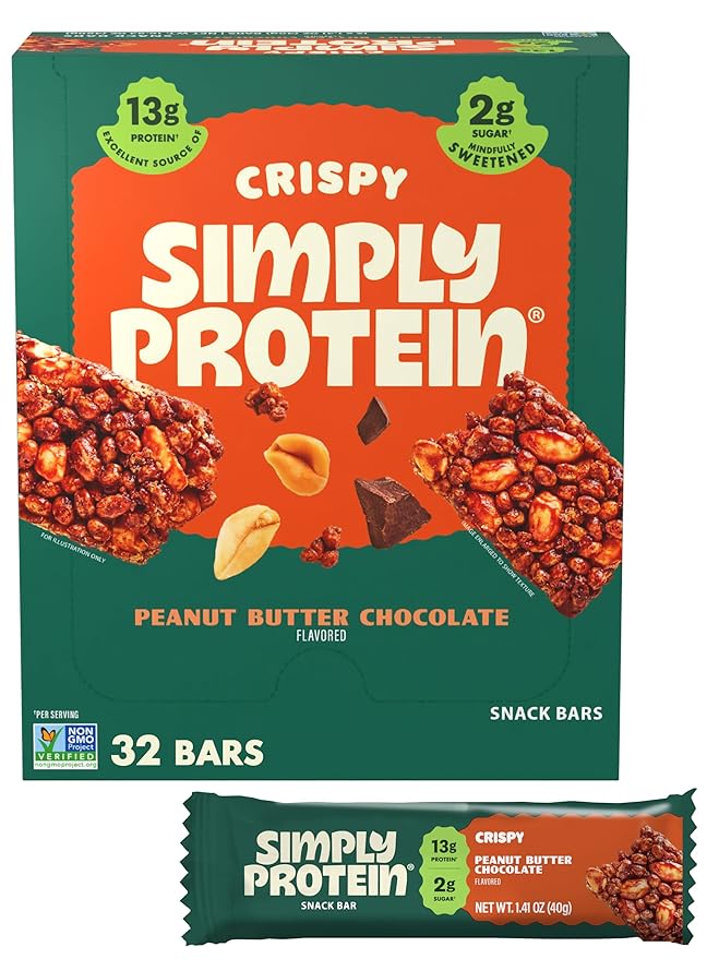 Simply Protein - Peanut Butter Chocolate Crispy Bars - Plant Based Protein Bars - Low Carb, Low Sugar, High Fiber - 13g Protein, 2g Sugar, 7g Fiber - Vegan, Gluten Free, Non GMO, Kosher - 32 Bars