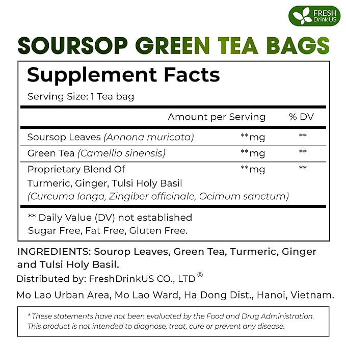 FreshDrinkUS, Premium 75 Tea Bags Soursop Green Tea, 100% Natural & Proprietary Blend from Soursop Leaves and Green Tea. Smooth Flavor. Made with Eco-Conscious Tea Bags. No Additives No Sugar, Vegan.