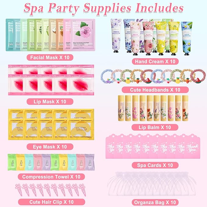 100PCS Spa Party Supplies for Girls,Bachelorette Spa Party Favors Gifts for Teen Girls, Face Masks Skincare,Hand Cream,Lip Balm,Eye Patches,Lip Mask and Hair Band,Spa Birthday Sleepover Party Supplies
