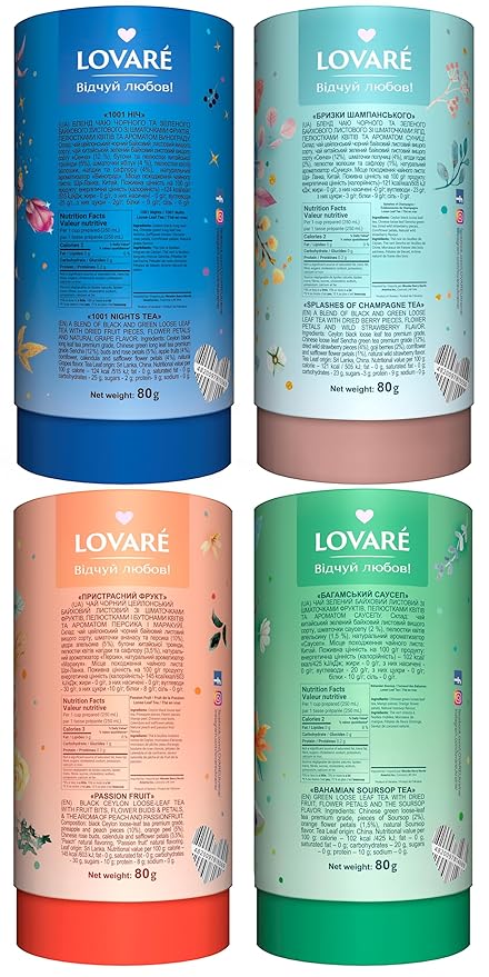 LOVARE Loose Leaf Tea 80 g - Made in Ukraine - Assorted Tea - 1001 Night, Passion Fruit, Sparkling Splashes, Bahamian Soursop - Gift Box with 60 Paper Filters – Easy to Brew Flavored tea