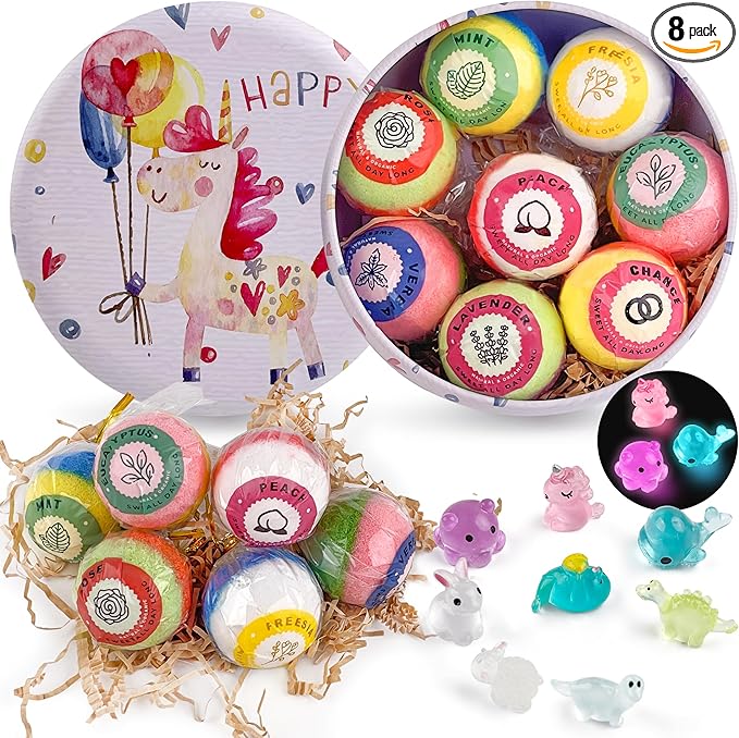 8PCS Kids' Bath Bomb Surprises, Charming Metal Gift Box, This Toy Bath Bombs Set Features Natural Organic Fizzy Bubble Bath Bombs, Ideal as Christmas Stocking Fillers for Girls, Boys, and Toddlers.