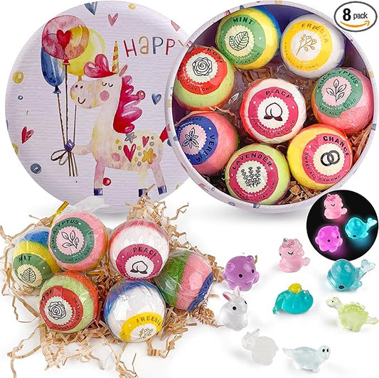 8PCS Kids' Bath Bomb Surprises, Charming Metal Gift Box, This Toy Bath Bombs Set Features Natural Organic Fizzy Bubble Bath Bombs, Ideal as Christmas Stocking Fillers for Girls, Boys, and Toddlers.
