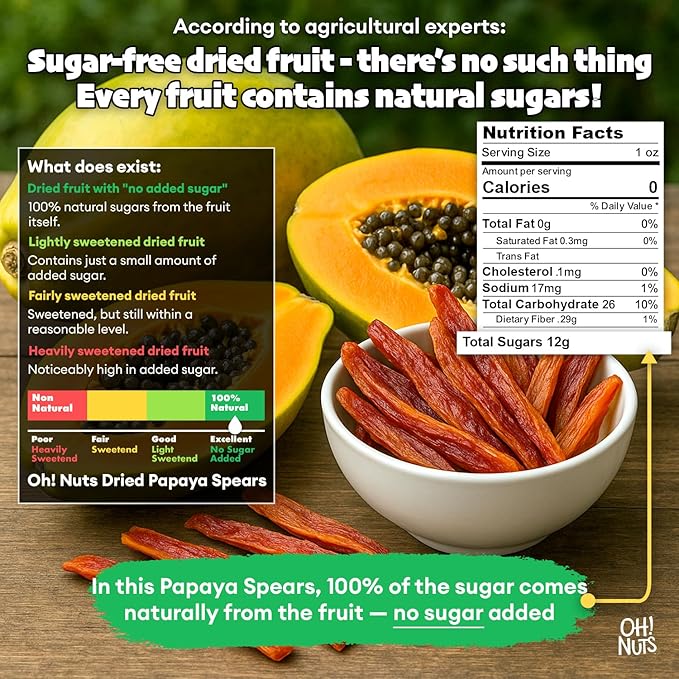 Oh! Nuts Dried Papaya Spears Natural - 1LB - Organic Unsweetened Dried Papaya Spears - Dehydrated Fruit Bites - Packed in New York Zip-Seal Bag for Exceptional Freshness