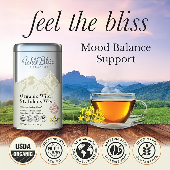Wild Bliss Organic St Johns Wort Tea - Caffeine Free Mood Balance Support Herbal Tea - Pharmacopoeia Potency - Loose Leaf 3.52 Oz - 50 Servings
