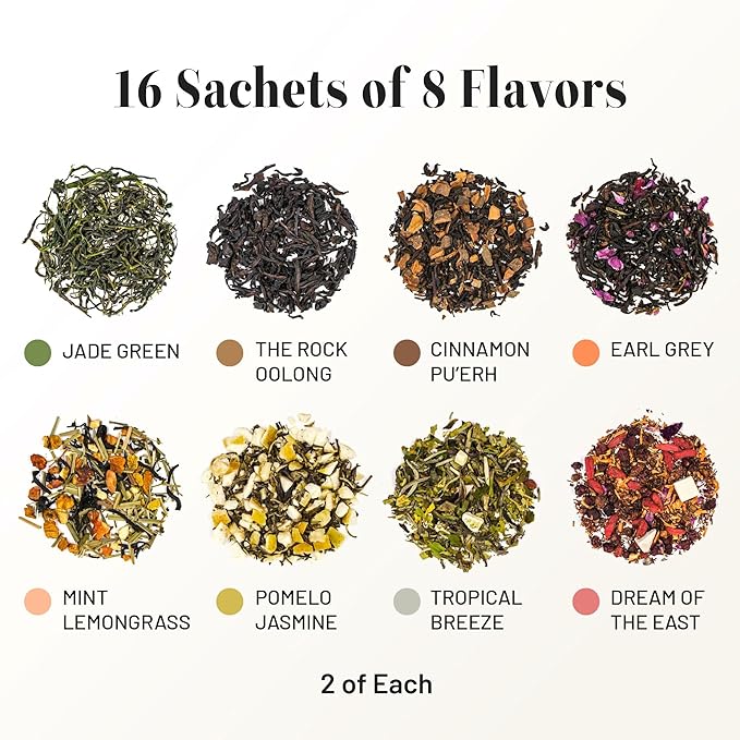 CHAYEAH, Premium Tea Collection (16 Pyramid Tea Sachets, 8 Assorted Flavors), Green, Black, Oolong, Pu’erh & Herbal Tea Sampler Variety Pack, Caffeinated and Non-Caffeinated, Whole Leaf Tea Bag