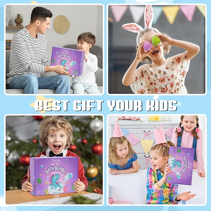 Bath Bombs for Kids with Surprise Inside, 16 Pack Kids Bath Bombs Gift Set for Easter Basket Stuffers, Dino Egg Bath Bomb Kit with 5pcs Dinosaur Bath Toy for Boys Girls Birthday,Christmas