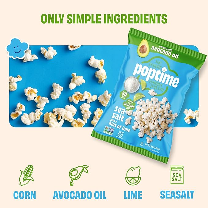 Poptime Popcorn Bags – Sea Salt Popcorn With a Hint of Lime, Healthy Snack Popped With Heart-Healthy Avocado Oil, Crunchy, Zesty, Gluten Free, Vegan, Low Calorie, Non-GMO, Kosher - 4.5 oz - Pack 4