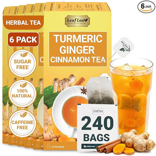 LeafLea 240 Turmeric Ginger Tea Bags, 100% Natural Herbal Blend with Cinnamon, Supports Digestion and Immune Health, Warm and Spicy Flavor, Sugar-Free, Caffeine-Free, Non-GMO, Pack of 6