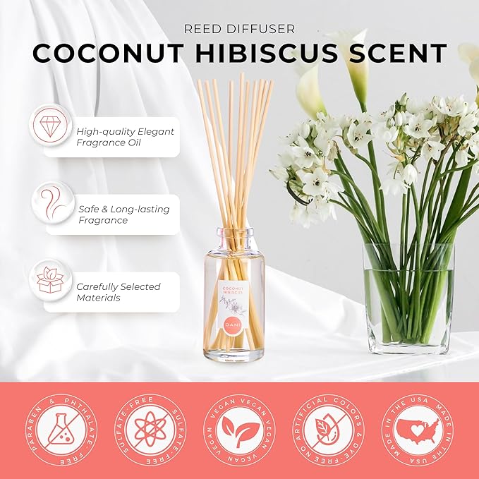 DANI Naturals Reed Diffuser Set - Tropical Coconut Hibiscus Scent - Aromatherapy Essential Oils - Alcohol-Free, Non-Toxic, Eco-Friendly - 10 Sticks - 3.5 oz