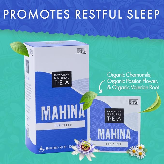 Hawaiian Natural Tea Organic Mahina Chamomile Tea with Passionflower & Valerian Root - Caffeine Free, Herbal, Antioxidant-Rich, For Calming, Wellness, Bedtime, Anxiety & Stress - 60 Bags