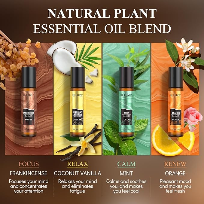 Essential Oils Roll On Set (Pack of 8) 8 Scent, Essential Oil Roller Set, Natural Aromatherapy Oil Blends for Skin, Self Care Gift Stocking Stuffers for Women and Men