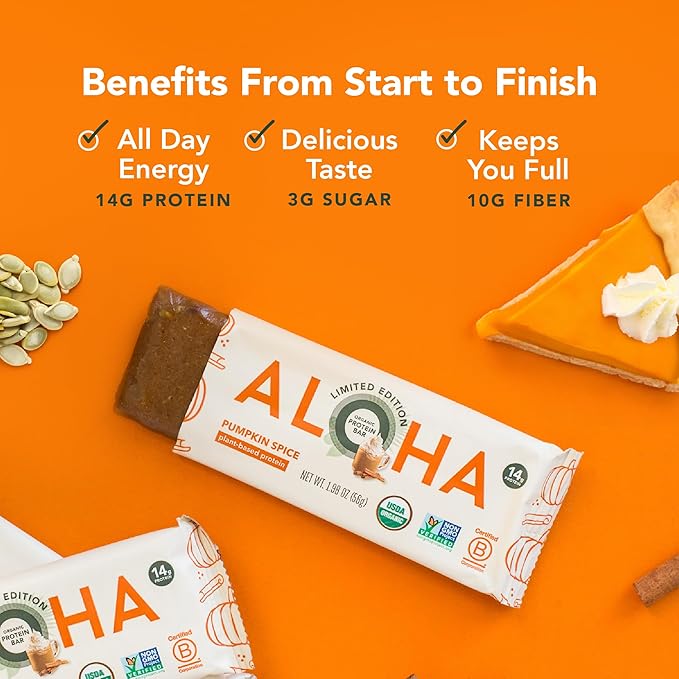 ALOHA Organic Plant Based Protein Bars - Pumpkin Spice, Vegan, Low Sugar, Gluten-Free, Low Carb, Non-GMO, No Stevia, No Erythritol - LIMITED EDITION, 12 Count (Pack of 1)