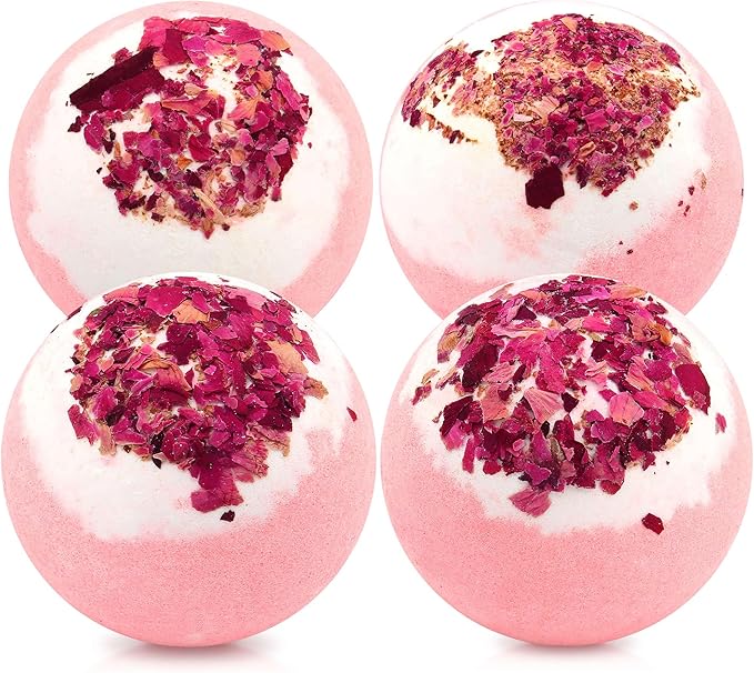 Dried Flower Bath Bombs Salt Balls,4-Pack Gift Set,Rose Extract Essential Oils,Moisturizing Dry Skin,Fizzy Spa,Relaxation,Self Care,Relaxing,Bubble Bath Bomb Gifts Idea for Men Women
