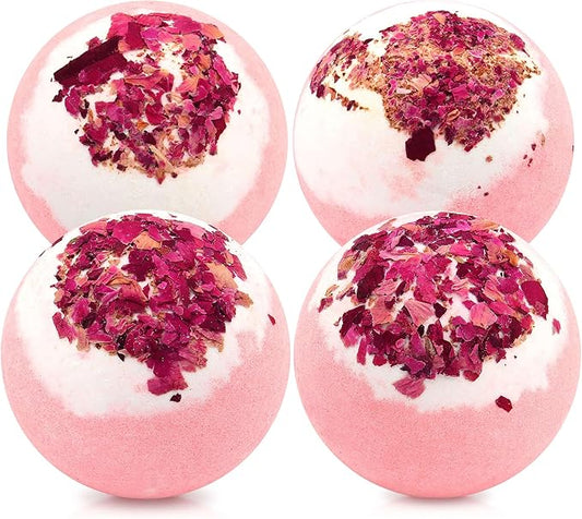 Dried Flower Bath Bombs Salt Balls,4-Pack Gift Set,Rose Extract Essential Oils,Moisturizing Dry Skin,Fizzy Spa,Relaxation,Self Care,Relaxing,Bubble Bath Bomb Gifts Idea for Men Women