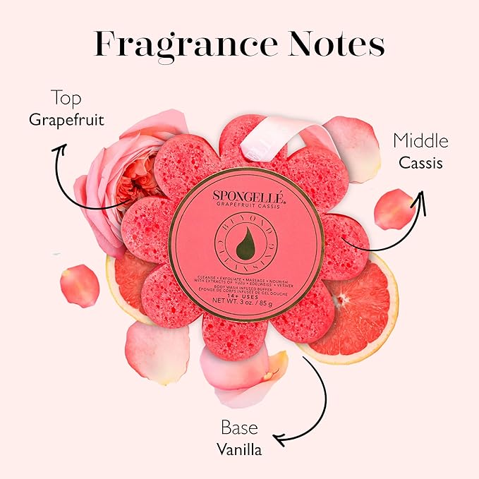 Spongelle Grapefruit Cassis Wild Flower Loofah Body Scrubber | Bath & Shower Loofah for Women | Body Scrubber Exfoliator with Body Wash Infused Sponge | 14+ uses | Zesty Grapefruit, Cassis & Vanilla
