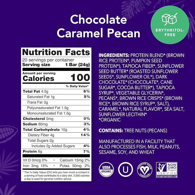 ALOHA Organic Plant Based Protein Bar MINIS |Caramel Chocolate Pecan | 20 Count, 24g Bars | Vegan, Low Sugar, Gluten Free, Low Carb, Non-GMO, Stevia Free, Soy Free, No Sugar Alcohols