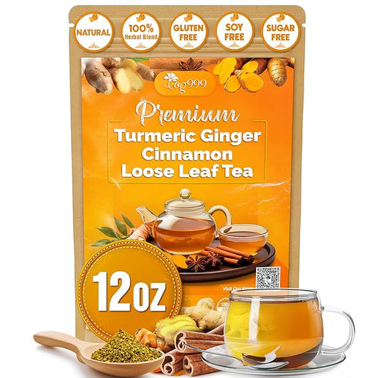 TOG999, Premium 12oz/200 cups Ginger Turmeric Cinnamon Loose Leaf Herbal Tea. Improve Digestion, Support Brain, Weight, Skin and Sleep. Premium Quality Spiced Blend. No Sugar, No Caffeine, No Gluten, Vegan.