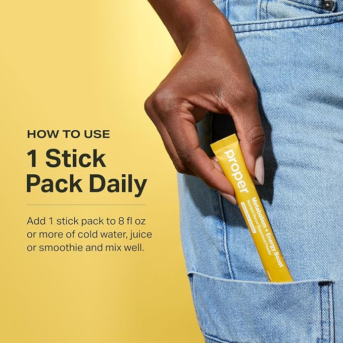 Proper, The Yellows Metabolism and Energy Boost, Sugar Free Energy Drink Powder with 100mg Caffeine. No Creatine or Beta-Alanine. 15 Servings, Pineapple Mango Drink Mix for Men and Women