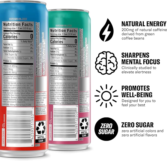 Cellucor C4 Smart Energy Drinks Variety Pack, Sugar Free Performance Fuel & Nootropic Brain Booster, Coffee Substitute or Alternative, 4 Flavor Berry Breeze Variety 12 Pack