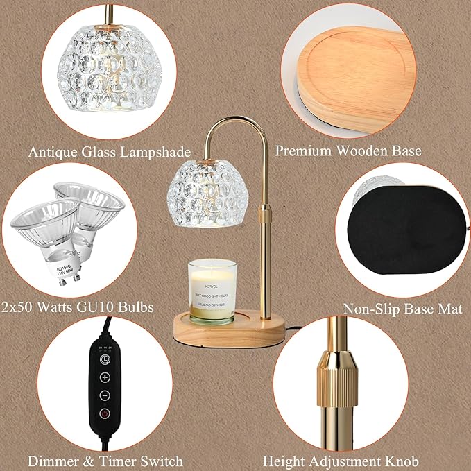 Adjustable Candle Warmer Lamp with Timer, Height & Brightness Control - Dimmable, 2-Bulb Candle Lamp Warmer, Electric Lamp Candle Warmer for Most Jar Candles-Clear