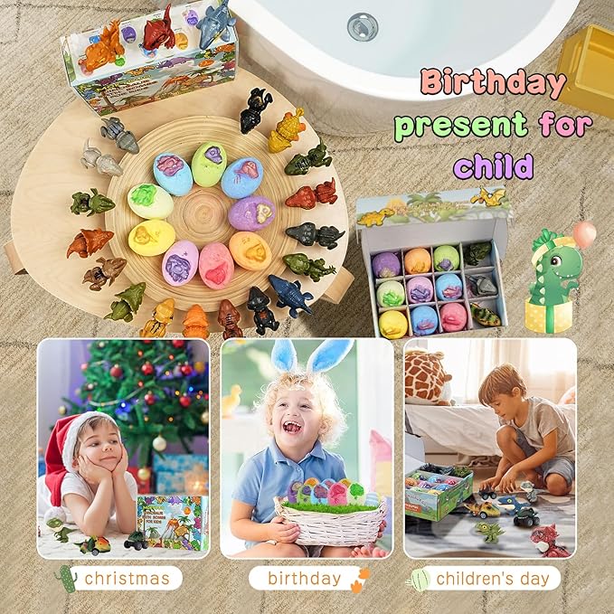 Dinosaur Bath Bomb Set for Kids โ 9 Handmade Fizzing Bombs with Surprise Toys + 3 Bonus Toys, Gift Set for Birthday Party, Christmas, Children's Day, Unique Gift Ideas for Boys & Girls