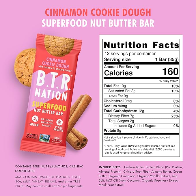 B.T.R. Nation Superfood Keto Protein Bars, Plant Based Vegan Protein - Cinnamon Cookie Dough ENERGY | 12 Pack| Low Carb, Low Calorie, Gluten Free, No Sugar Alcohols, Boosted with Superfoods