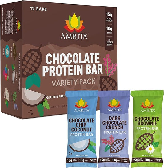 Amrita Nut Free Chocolate Variety Pack Vegan Protein Bars (12 Count) | 12g Plant-Based Protein Bar | Peanut Free, Gluten Free, and Dairy Free | Low Sugar, High Fiber, Healthy School-Safe Snacks