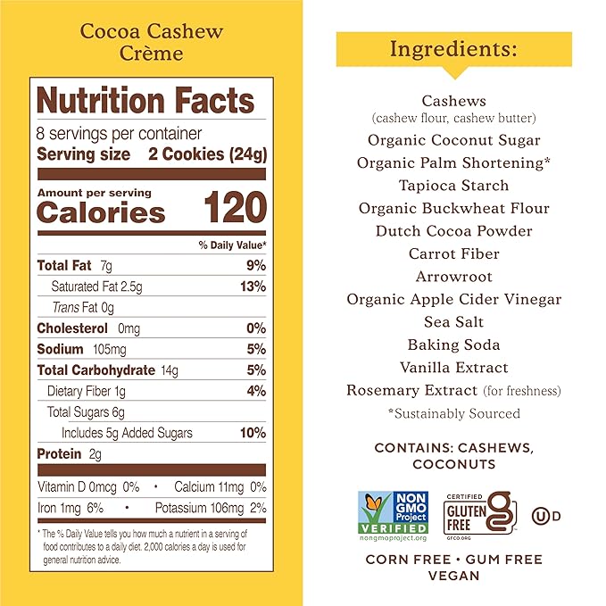 Simple Mills Cocoa Cashew Crème Sandwich Cookies - Gluten Free, Vegan, Healthy Snacks, 6.7 Ounce (Pack of 2)