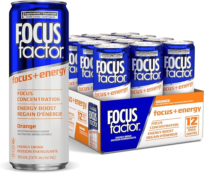 Focus Factor Energy Drink - 12 x 355ml Cans (Orange Flavour) - with Focus + Energy - Lightly Carbonated, Sugar Free, Low Calorie with Vitamin B6 & Vitamin B12
