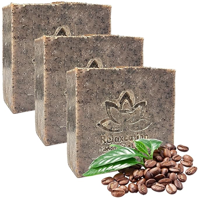 100% Handmade Coffee Scrub Soap Bar with Fresh Ground Coffee and Cocoa Butter - Cold Process Soap with Latte Aroma Oil - Good Scrubbing Effect - Perfect for Body Exfoliating and Moisturizing (3 bars)