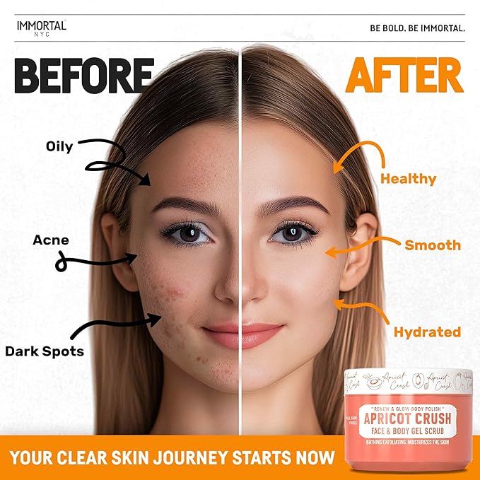 Immortal NYC Apricot Crush Face & Body Scrub Mask Gel- Moisturizing and Exfoliating Body, Face, Hand, Foot Scrub - Fights Acne, Fine Lines & Wrinkles, Great Gifts For Women & Men - 10 oz