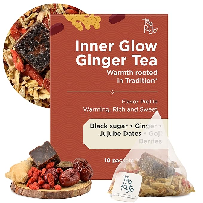Tea Facto Inner Glow* Jujube Ginger Tea Bags with Dried Ginger Roots and Red Dates - Natural Fiber, Zero Added Sugar, Zero Caffeine - 10 Count
