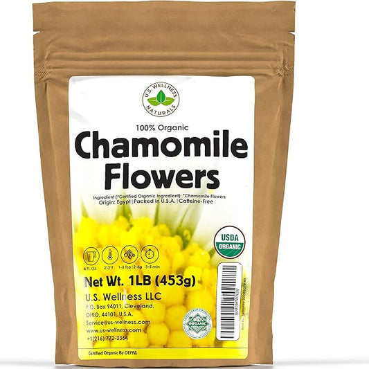 Chamomile Tea 1LB (16Oz) 100% CERTIFIED Organic (USDA seal) Chamomile Flowers Herbal Tea (Matricaria Chamomilla) in 1 lb Bulk BPA-free Resealable Bags from U.S. Wellness