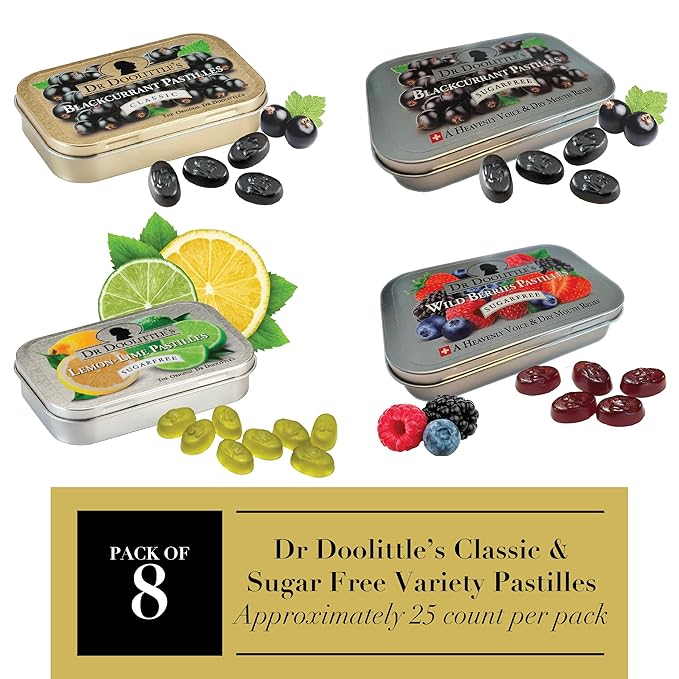 DOOLITTLE Dr Soft Fruit Pastilles Classic and Sugar Free Variety Pack for Voice and Throat, Blackcurrant, Lemon Lime, and Wild Berries, 2.12 Ounce Tin, Approximately 25 Count Package, 8 Pack