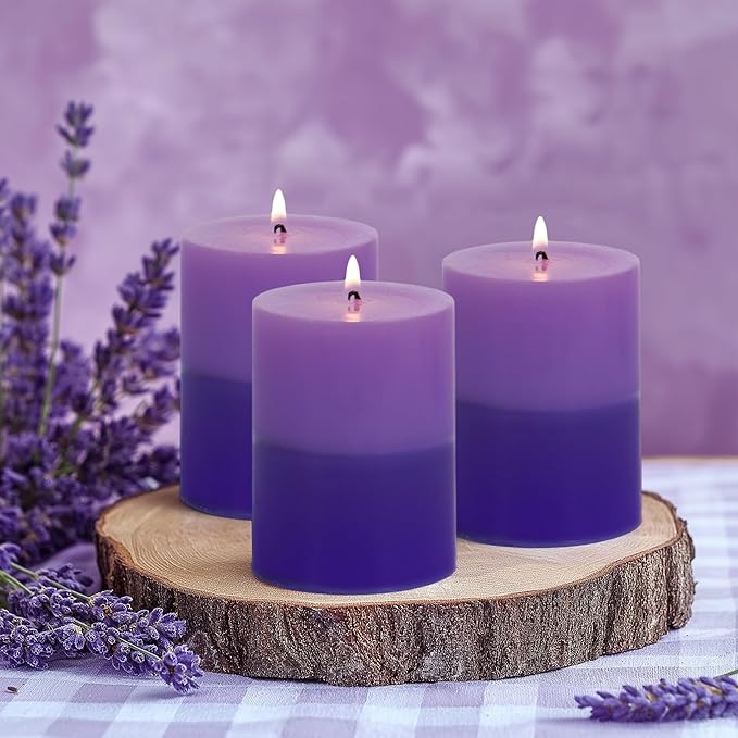 KONNI Purple Layered Pillar Candles Set of 3, 3"x 4" Unscented Pillar Candles Bulk, 39 Hours Long Burning Candles, Smokeless&Dripless Large Round Candle for Wedding, Home Decoration, Parties, Dinner