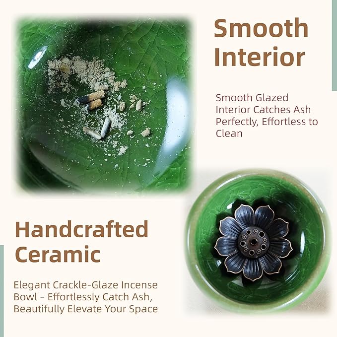 Incense Holder, 2-1Design, for Incense-Sticks,Cones,Ceramic Burner Bowl,for Zen Meditation,Yoga Desktop Decor,with Lotus Stand,Office,Home,Feng Shui & Spiritual Gifts(Natural)