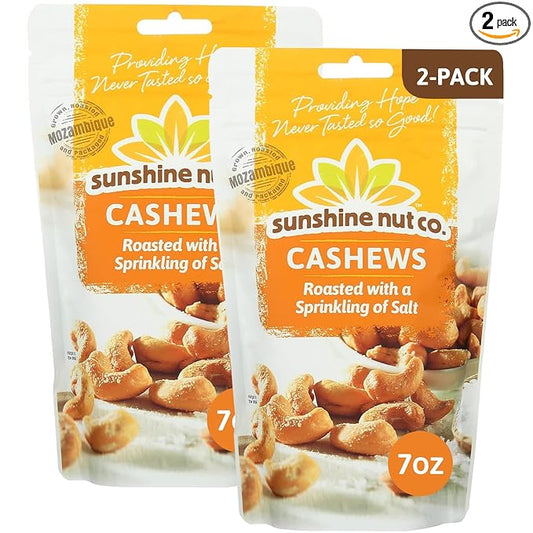 Sunshine Nut Company Whole Roasted Lightly Salted Cashews, Sprinkling of Salt Flavor, 2 Pack, 7 oz. Each, Gluten Free, Peanut Free and Vegan Individual Snack Packs for Kids and Adults, GMO Free