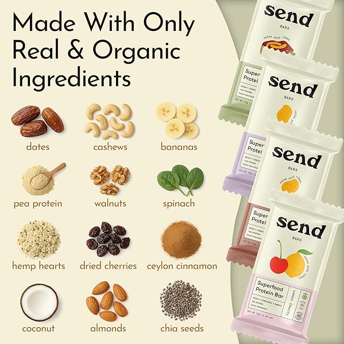 Send Bars Plant-Based Vegan Healthy Protein Bars, With Greens (Lemon Cherry, 8 Bars) – Only Real Ingredients, Zero Added Sugar, Gluten-Free, Dairy-Free