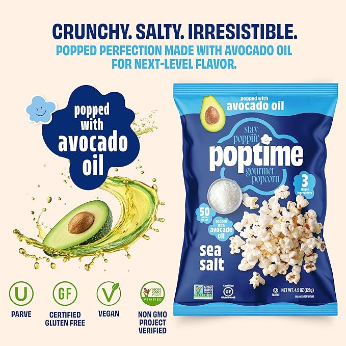 Poptime Gourmet Popcorn Snack Bags – Sea Salt Popcorn Bags, Healthy Snack Popped With Heart-Healthy Avocado Oil, Crunchy, Gluten Free, Vegan, Low Calorie, Kosher, Non-GMO - 4.5 oz - Pack 4