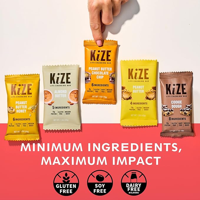 KiZE Energy Bars - Best Sellers Variety Pack - Gluten Free, Dairy Free Options, Non-GMO, and High Protein Meal Replacement Energy Bars, Clean and Simple Food Ingredients - 7-10g High Protein Snacks, (10 Count)